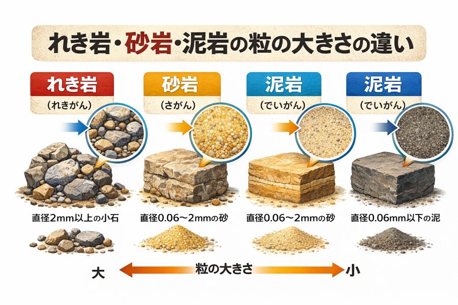 礫岩・砂岩・泥岩の粒の大きさの違い