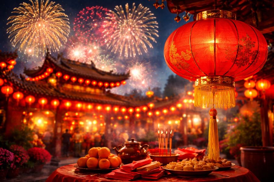 春節を祝う中国の旧正月の夜景と赤い提灯、花火の様子