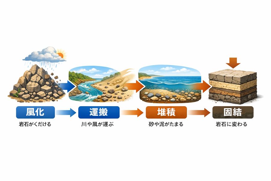 層ができる流れ（風化→運搬→堆積→岩石化）