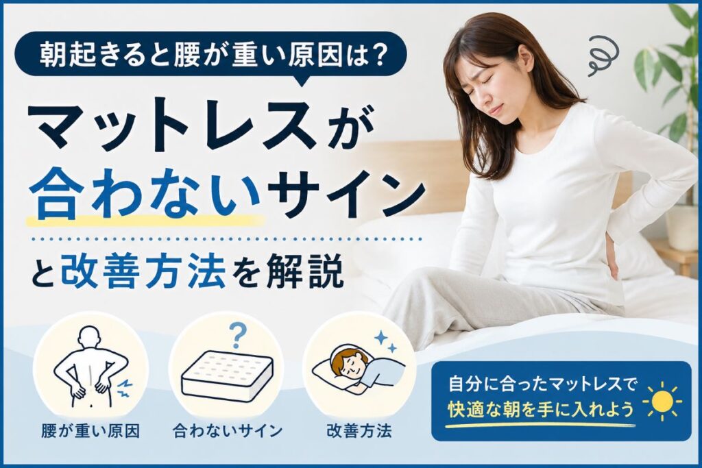 朝起きると腰が重い女性とマットレスが合わないサインや改善方法を解説するイメージ
