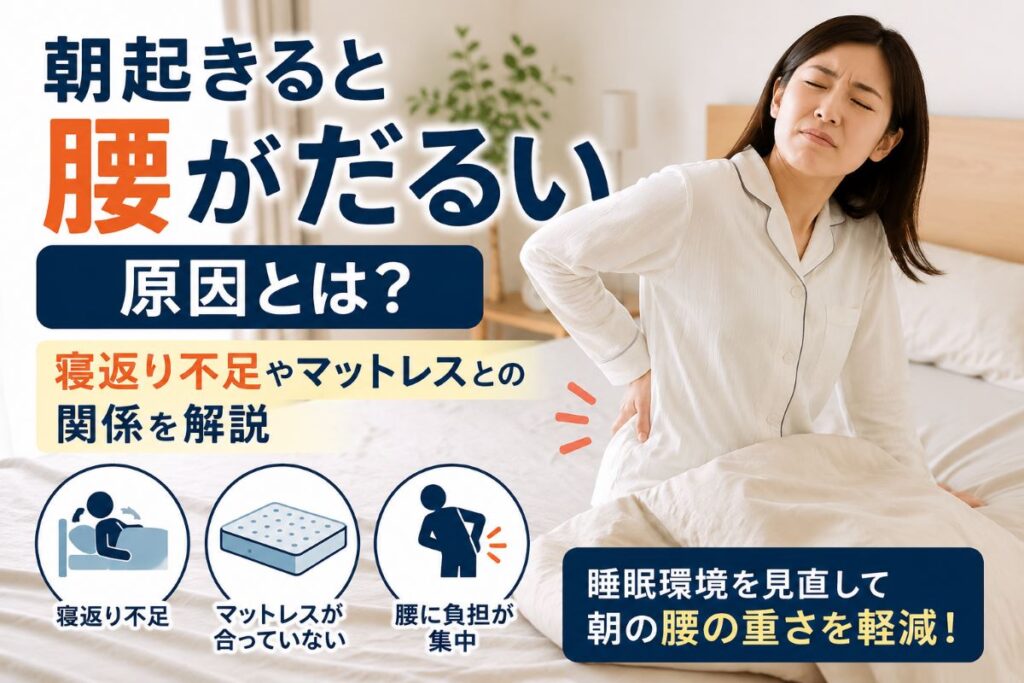 朝起きたときに腰のだるさを感じる人とマットレスの関係を解説するイメージ画像