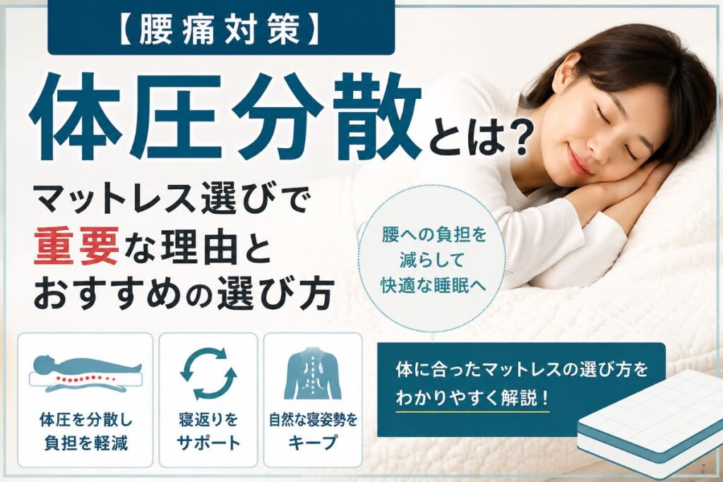 体圧分散とは？腰への負担を減らすマットレス選びと寝返りの重要性を解説したイメージ画像