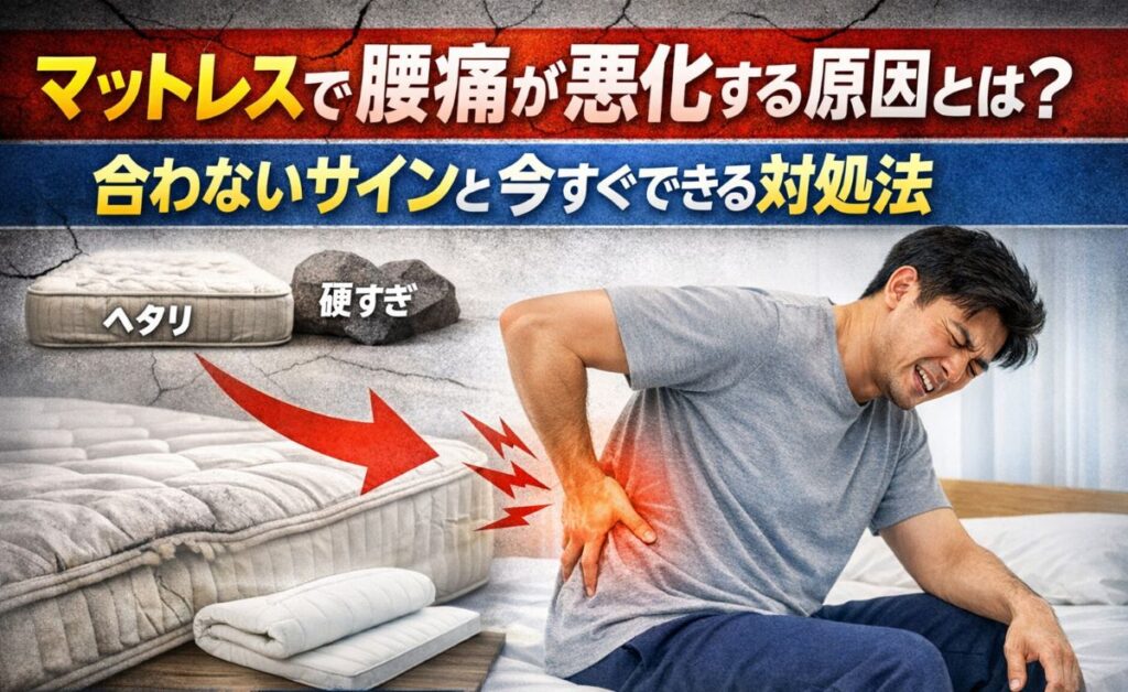 マットレスが原因で腰痛が悪化する様子と合わないサイン・対処法を示すイメージ画像