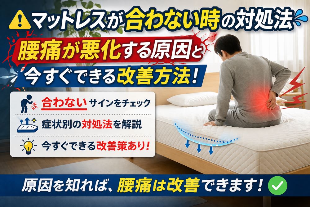 合わないマットレスによる腰痛と改善方法を表したアイキャッチ画像