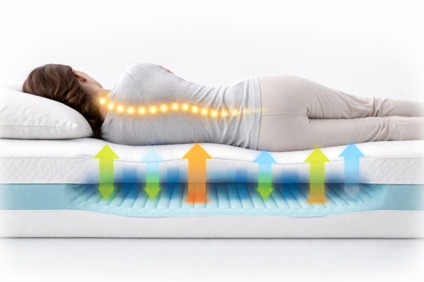 "マットレスの体圧分散により体を均等に支えるイメージ"