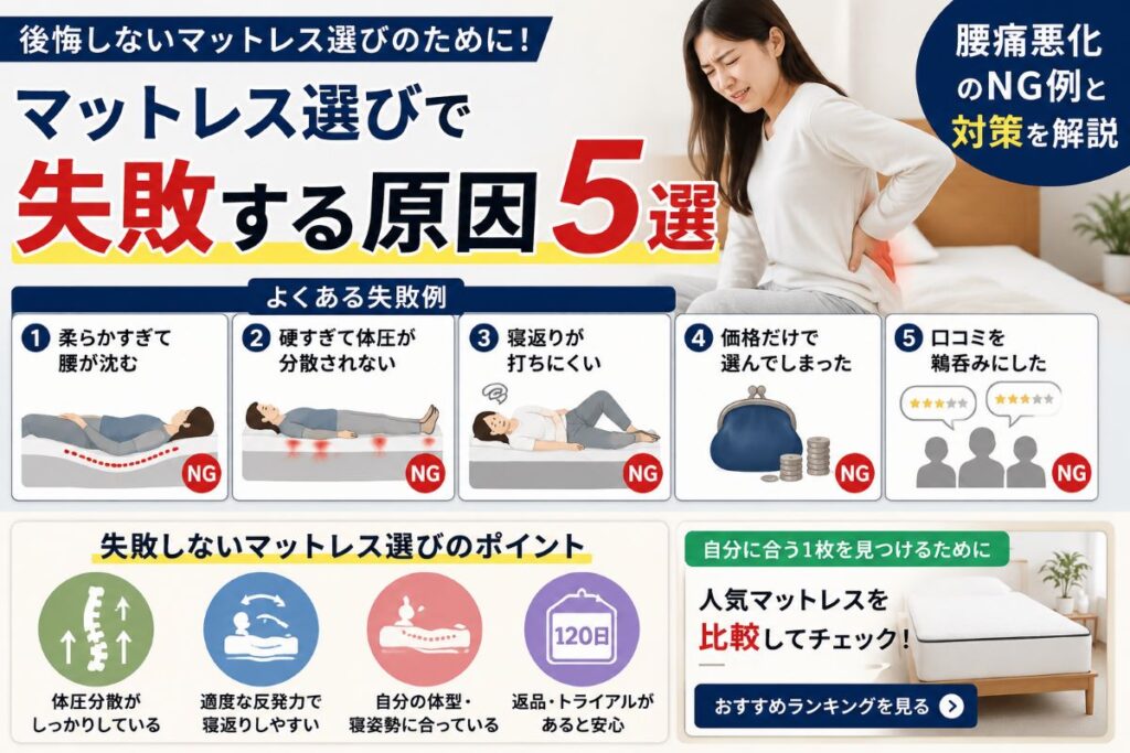 マットレス選びで失敗する原因を解説した画像｜腰痛悪化のNG例と対策