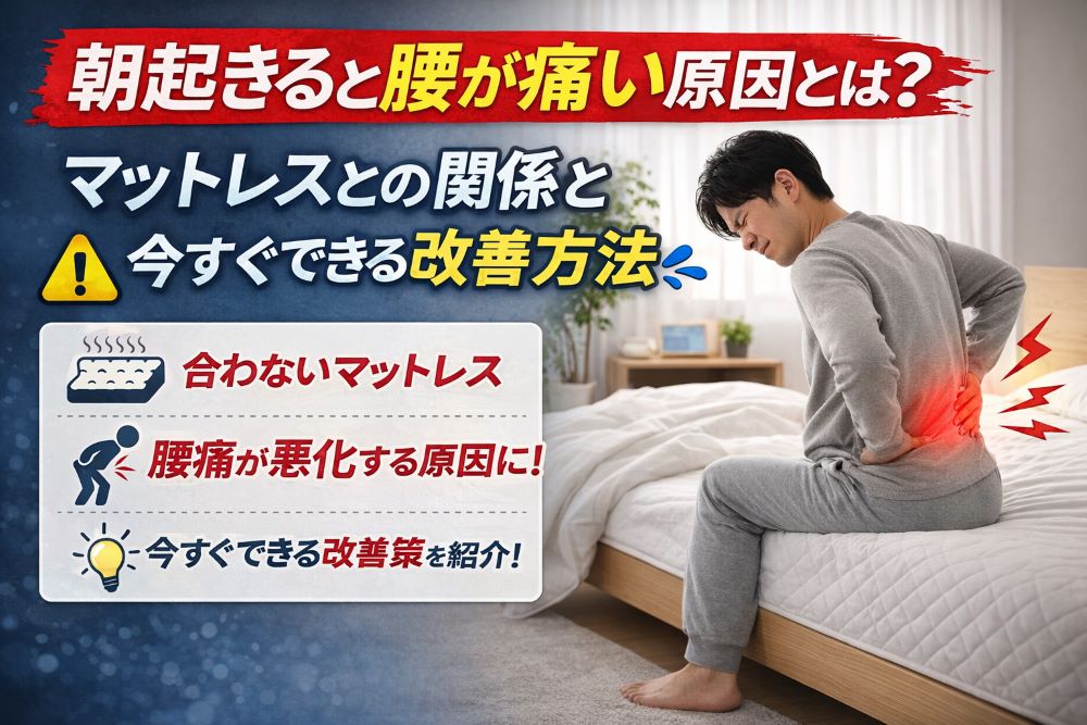 朝起きたときに腰が痛い原因とマットレスの関係を示すイメージ画像