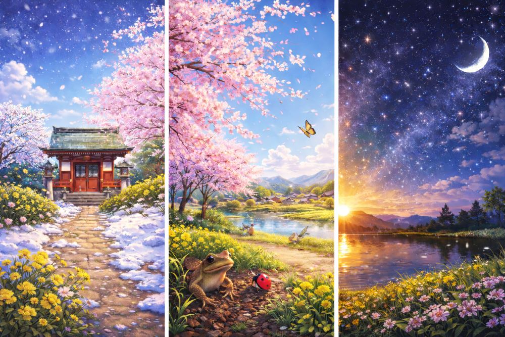 立春から啓蟄、春分へと進む春の季節の移り変わりを表した自然風景