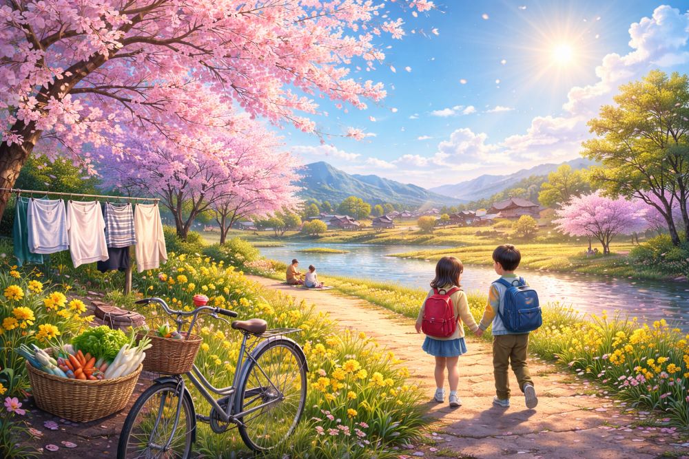 春分の頃の暖かな春の風景と桜が咲く川辺の暮らしのイメージ