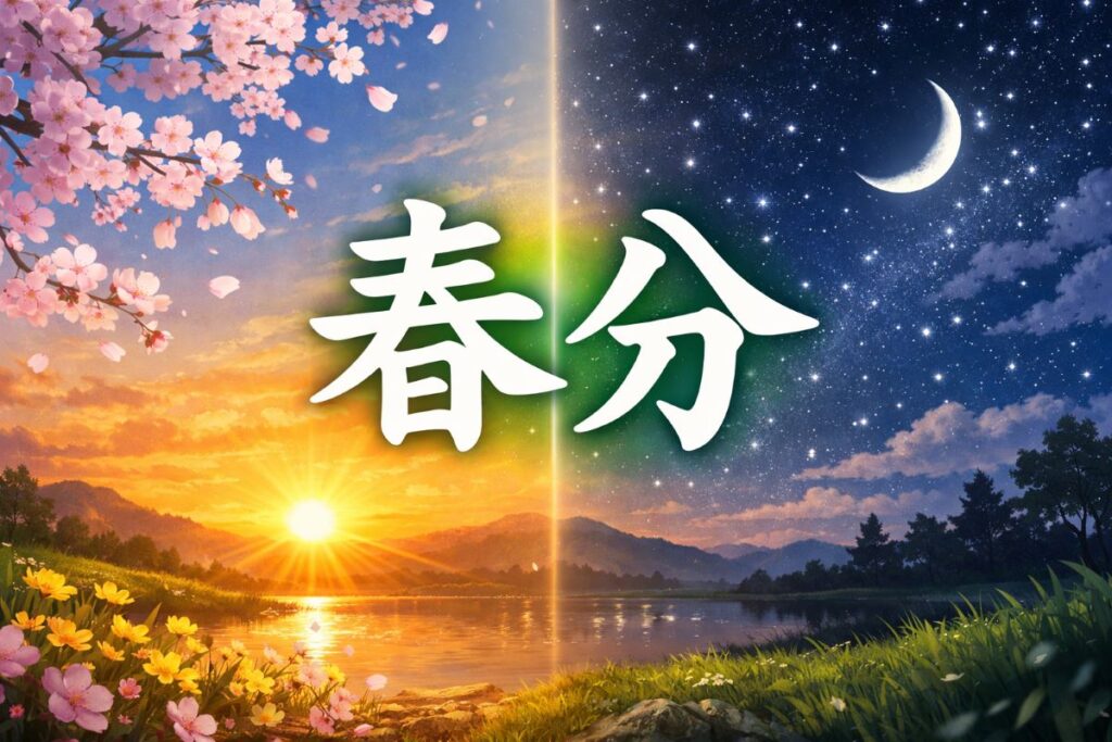 春分の日を表す昼と夜がほぼ同じ長さになる自然の風景と桜のイメージ