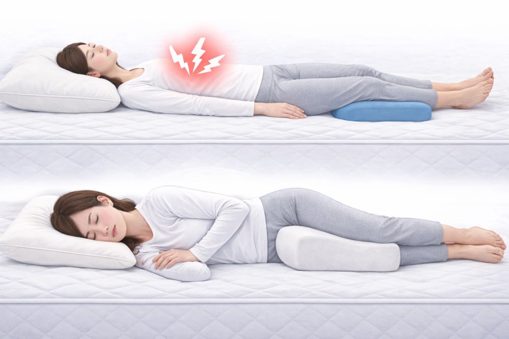 腰痛におすすめの寝方｜仰向けと横向きの正しい姿勢を比較したイメージ