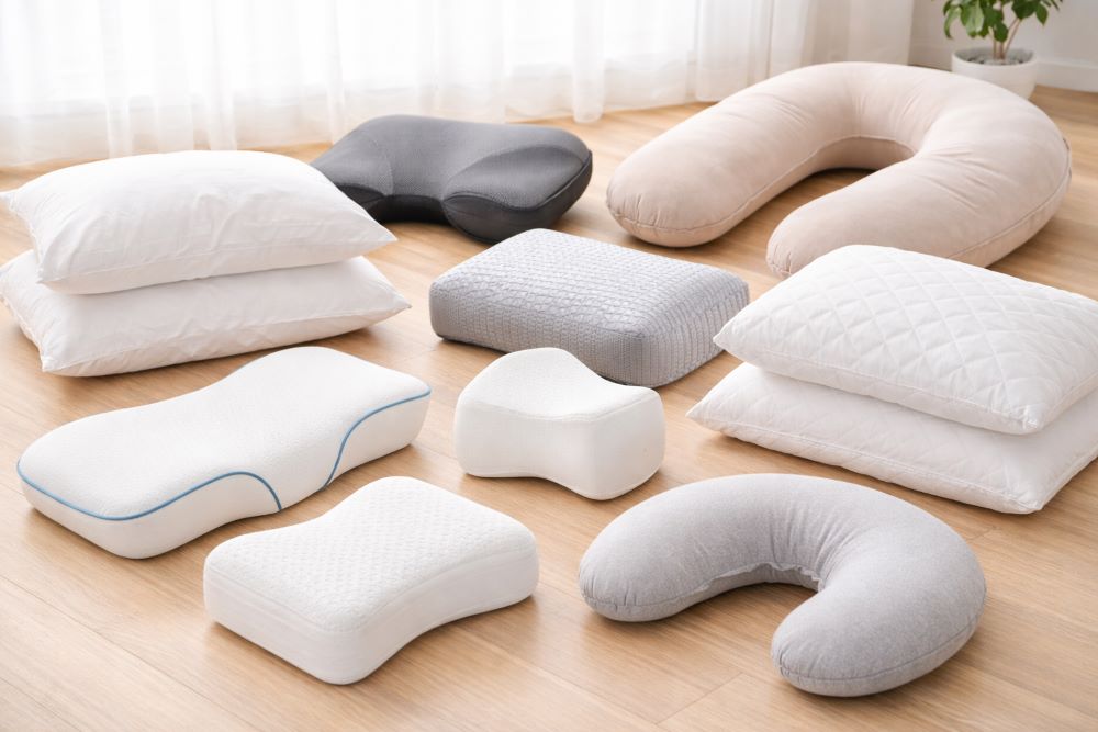 さまざまな種類の枕を比較したイメージ｜形や素材の違い