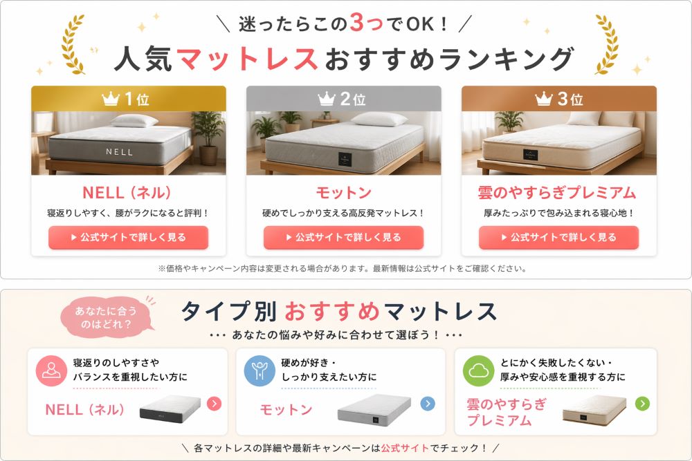 腰痛対策におすすめのマットレスランキングTOP3とタイプ別の選び方（NELL・モットン・雲のやすらぎプレミアム）