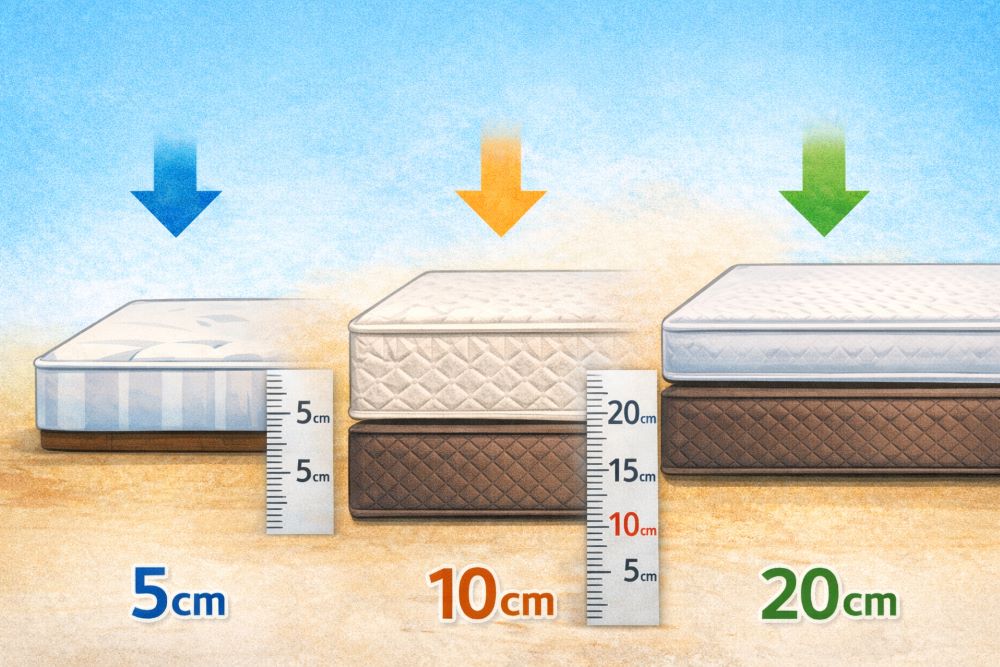 マットレスの厚さ(5cm・10cm・20cm)の違いを比較したイメージ