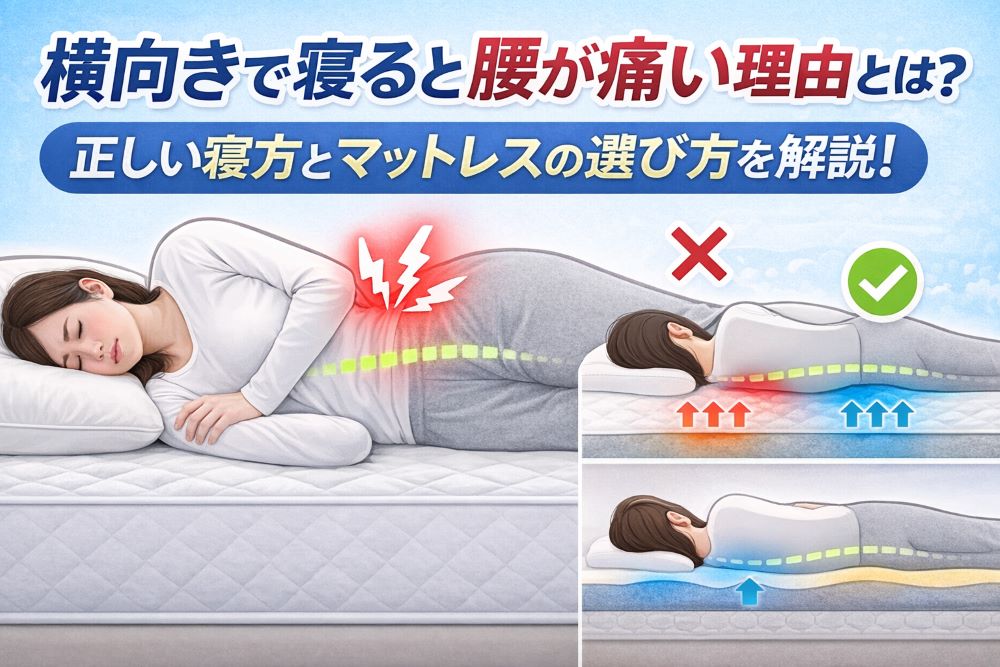 横向きで寝ると腰が痛くなる原因と正しい寝方を解説したイメージ｜マットレスの選び方