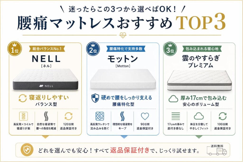 腰痛対策におすすめのマットレス比較TOP3（寝返り・硬さ・厚みの違いがわかる）