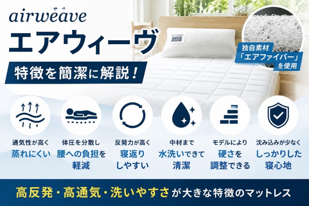 エアウィーヴの特徴を紹介するアイキャッチ画像|高反発・高通気・寝返りしやすいマットレス