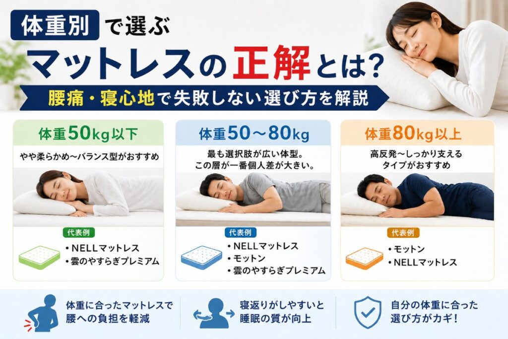 体重別で選ぶマットレスの正解を解説した画像｜50kg以下・50〜80kg・80kg以上のおすすめマットレス比較