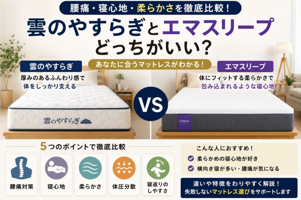 雲のやすらぎとエマスリープの違いを比較した画像｜腰痛・柔らかさ・寝心地を解説