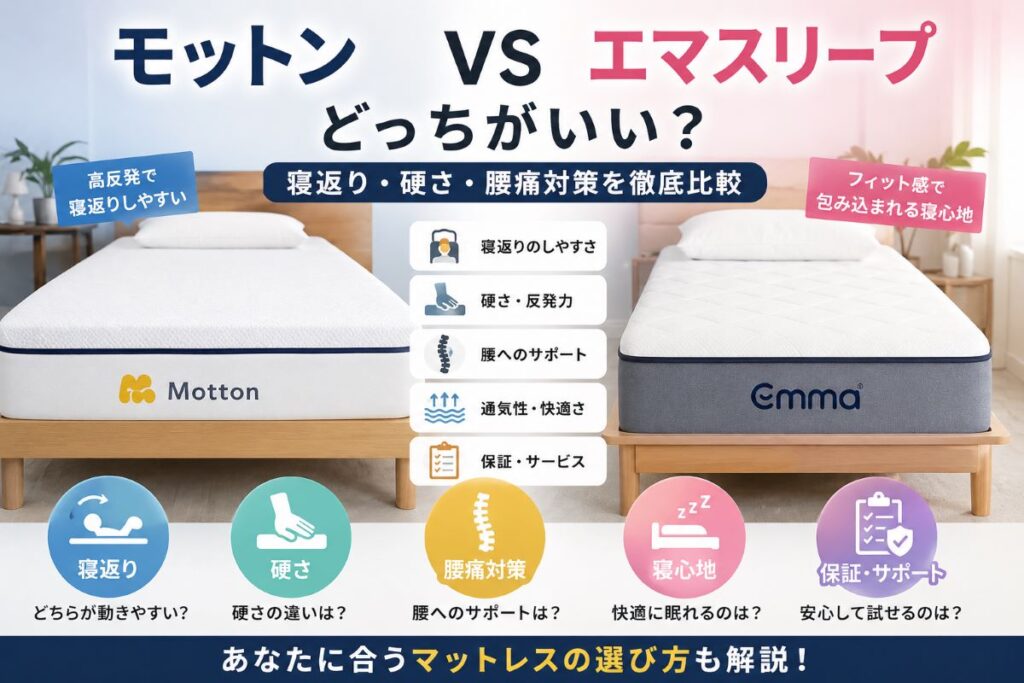 モットンとエマスリープを比較したマットレス画像｜寝返り・硬さ・腰痛対策の違いを解説