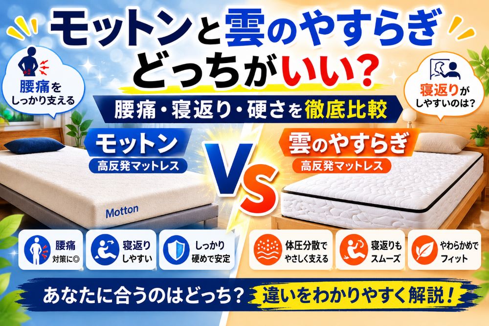 モットンと雲のやすらぎを比較したアイキャッチ画像｜腰痛・寝返り・硬さの違いを解説