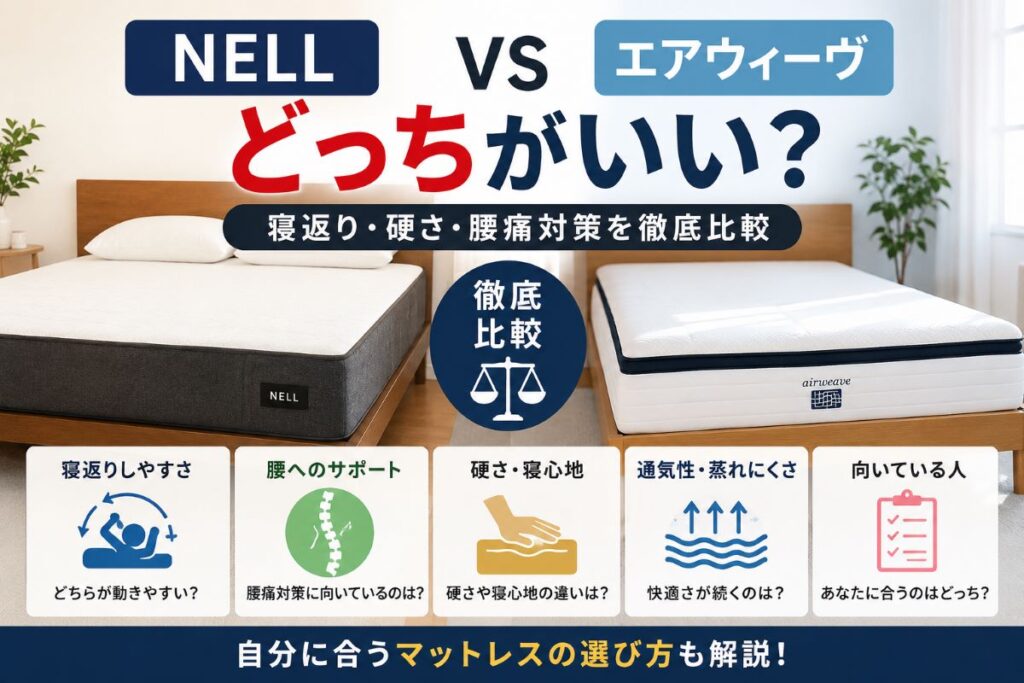 NELLとエアウィーヴを比較したマットレス画像｜寝返り・硬さ・腰痛対策の違いを解説
