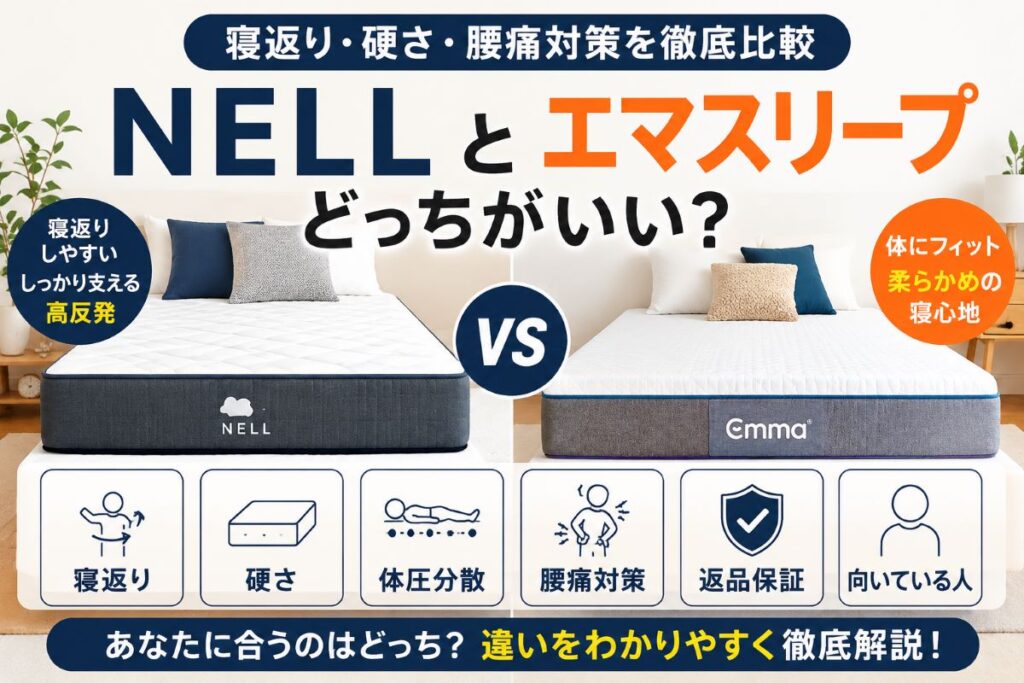 NELLとエマスリープの違いを比較したイメージ画像｜寝返り・硬さ・腰痛対策を解説