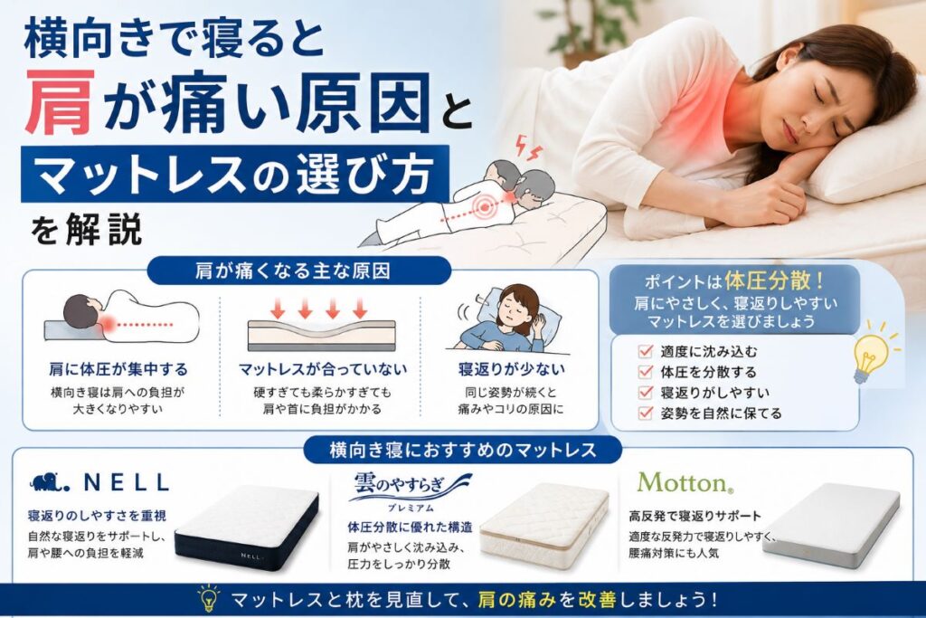 横向きで寝ると肩が痛い原因とマットレスの選び方を解説したイメージ画像
