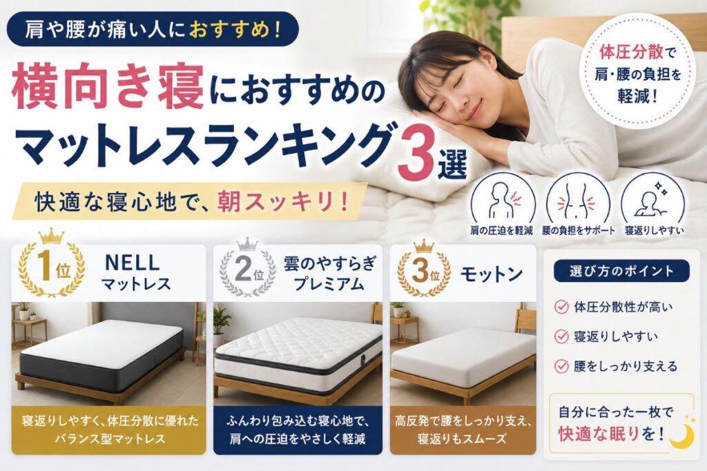 横向き寝におすすめのマットレスランキングを紹介する画像｜肩や腰への負担を軽減しやすい選び方を解説