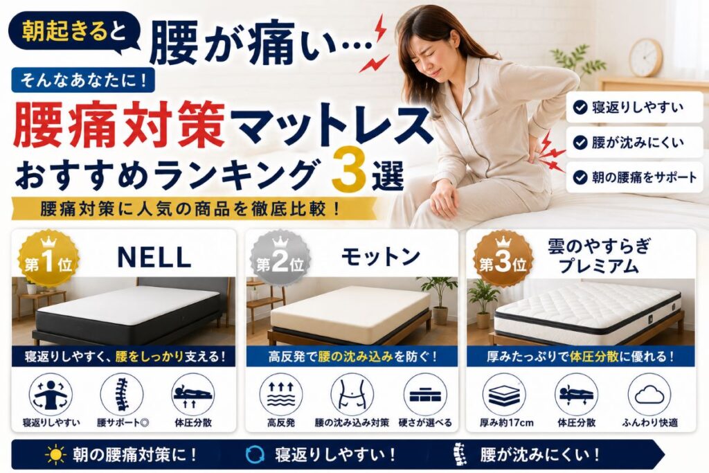 朝起きると腰が痛い人向けおすすめマットレスランキングを紹介する画像｜NELL・モットン・雲のやすらぎを比較し腰痛対策や寝返りのしやすさを解説