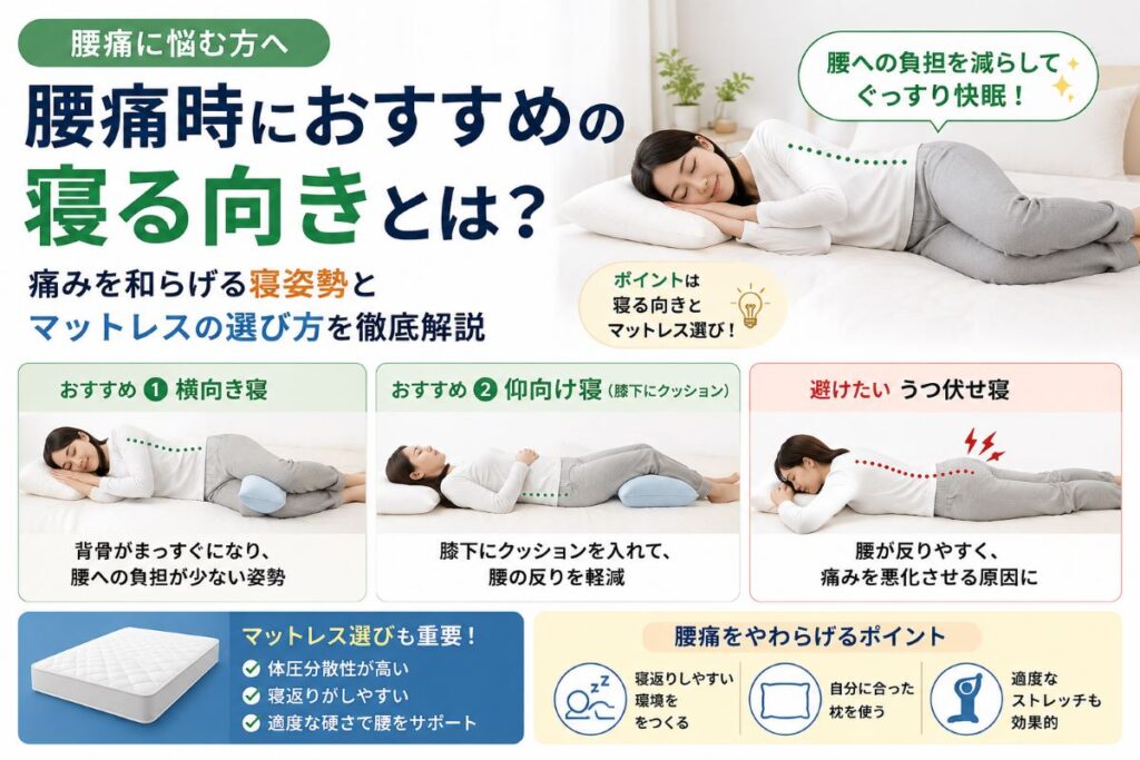 腰痛時におすすめの寝る向きや正しい寝姿勢をイラストで解説した画像｜横向き寝・仰向け寝・うつ伏せ寝を比較