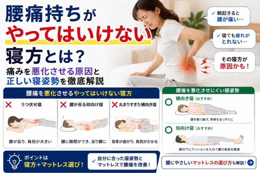 腰痛持ちがやってはいけない寝方や正しい寝姿勢、腰への負担を減らすポイントをイラストで解説した画像