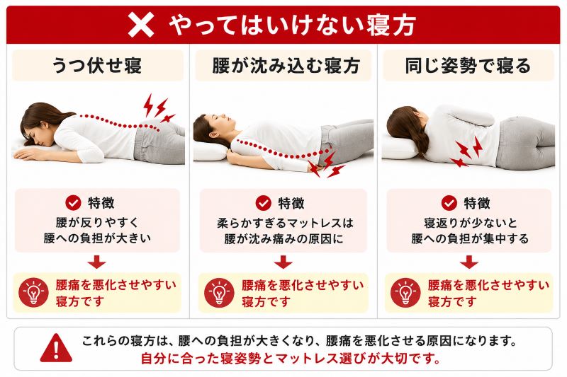 腰痛持ちがやってはいけない寝方3選を解説したイラスト|うつ伏せ寝・腰が沈む寝方・同じ姿勢で寝るリスク
