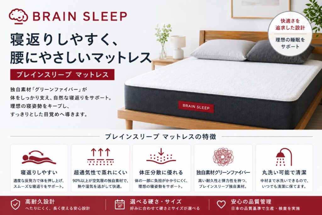 ブレインスリープマットレスの特徴を紹介するアイキャッチ画像。寝返りのしやすさや体圧分散性、腰へのサポート性能を解説