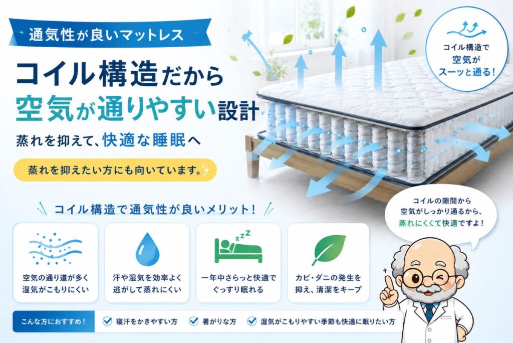 "コイル構造のマットレスは空気が通りやすく蒸れを抑えられることを解説した図"
