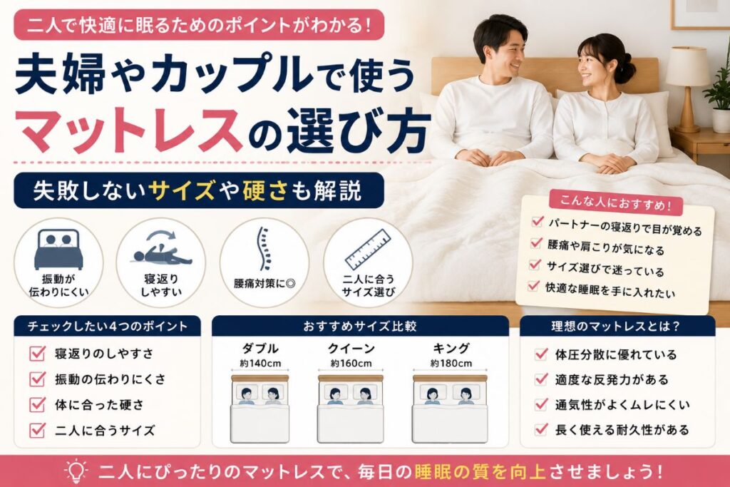 夫婦やカップル向けマットレスの選び方を解説。サイズ選びや硬さ、寝返りのしやすさ、腰痛対策のポイントを紹介