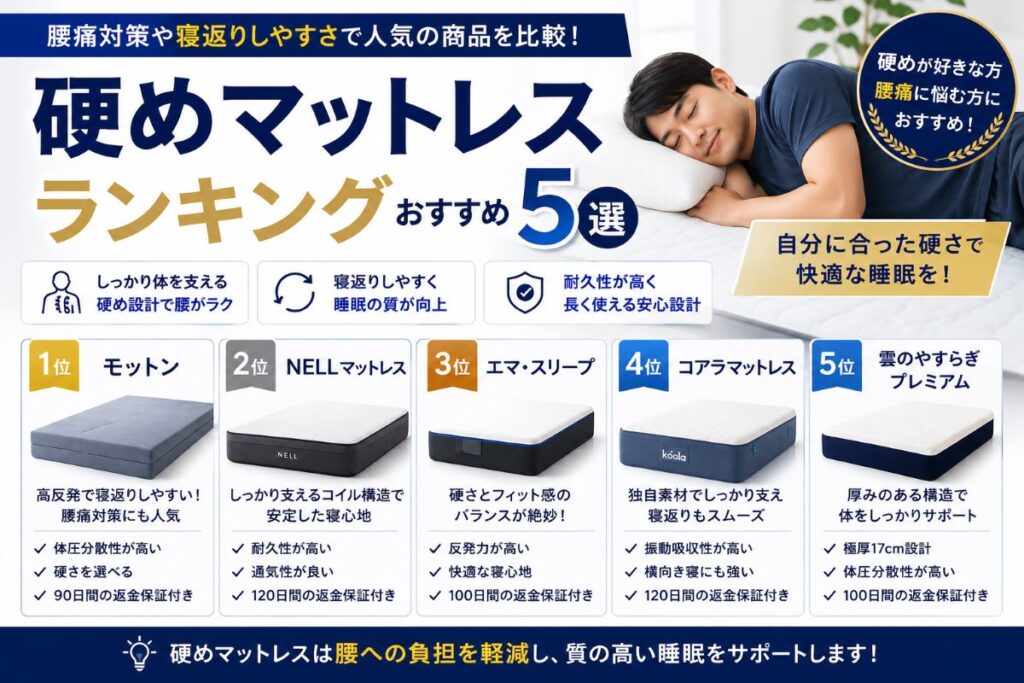硬めマットレスランキングおすすめ5選を比較し、腰痛対策や寝返りのしやすさ、沈み込みにくさを解説するイメージ画像
