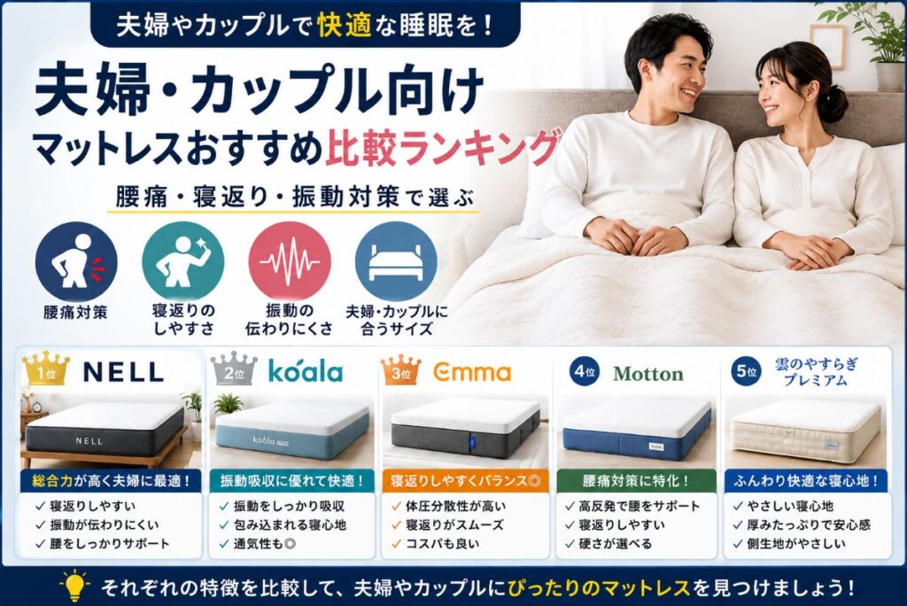 夫婦やカップル向けマットレスおすすめ比較ランキングを紹介するアイキャッチ画像。腰痛対策・寝返りのしやすさ・振動の伝わりにくさを比較している様子