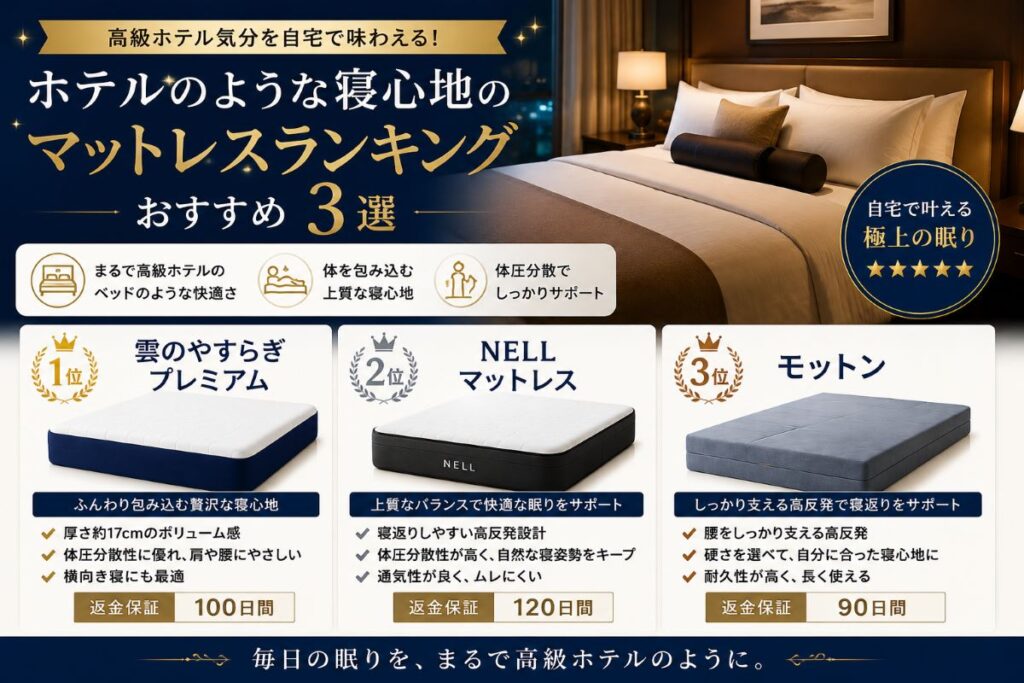 ホテルのような寝心地のマットレスランキングおすすめ3選を比較し、高級ホテル気分を自宅で味わえる人気商品を紹介するイメージ画像