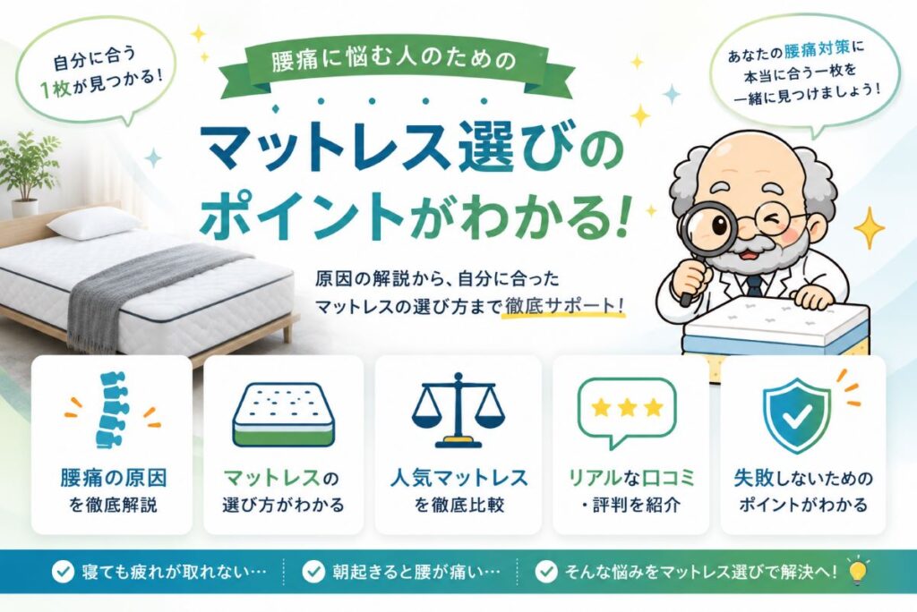 "腰痛に悩む人向けにマットレスの選び方や比較ポイントを解説するヘッダー画像"