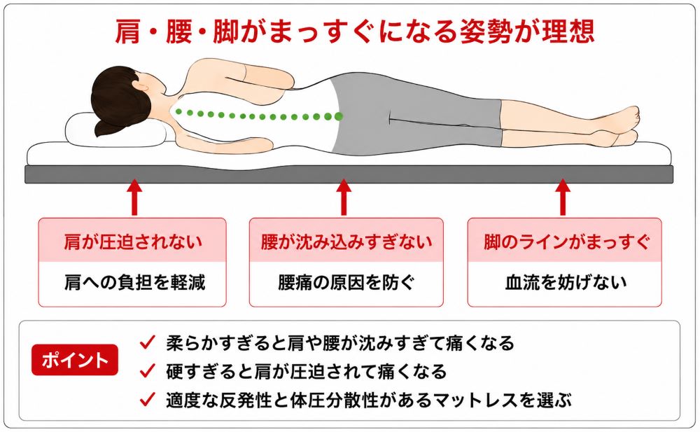 横向き寝の理想的な寝姿勢と体圧分散のイメージ図｜肩・腰・脚のラインをまっすぐ保つマットレスの選び方