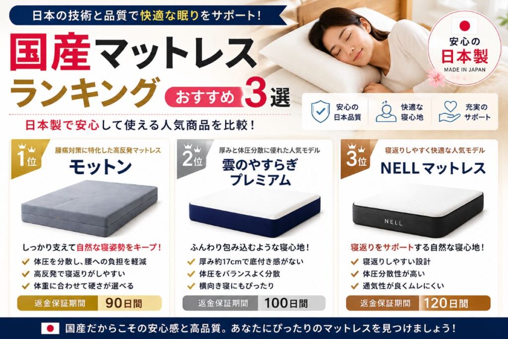 国産マットレスランキングおすすめ3選を比較し、日本製の安心感や品質、腰痛対策に人気の商品を解説するイメージ画像