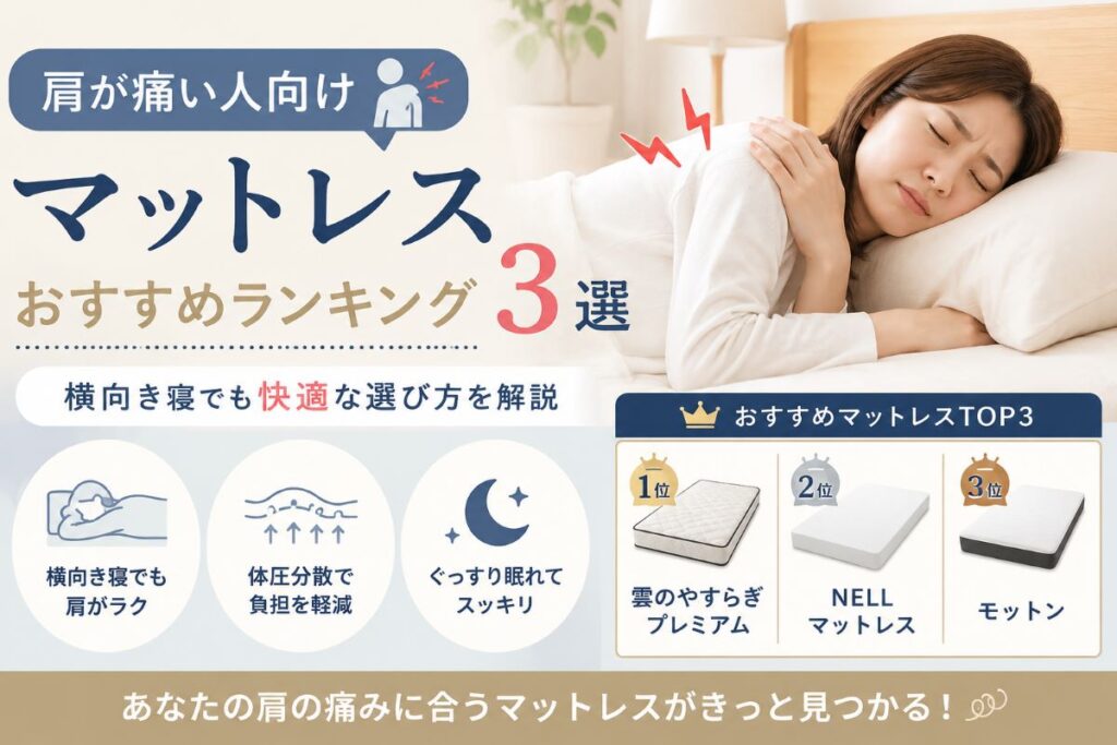 肩が痛い人向けマットレスおすすめランキング3選を紹介する画像｜横向き寝でも快適な寝心地を目指すマットレスを比較