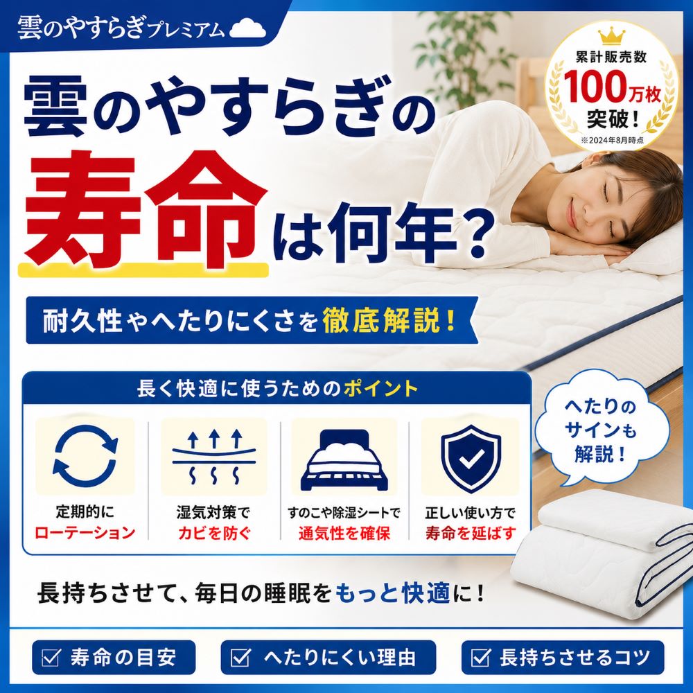 雲のやすらぎの寿命や耐久性を解説するイラスト｜へたりにくさ・長持ちさせるコツ・買い替え時期をわかりやすく紹介