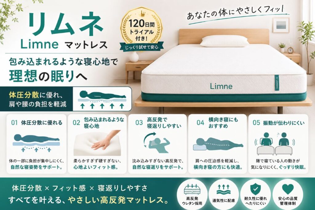 リムネマットレスの特徴を紹介する画像。体圧分散・包み込まれる寝心地・高反発による寝返りサポート・横向き寝対応・120日トライアルをわかりやすく解説