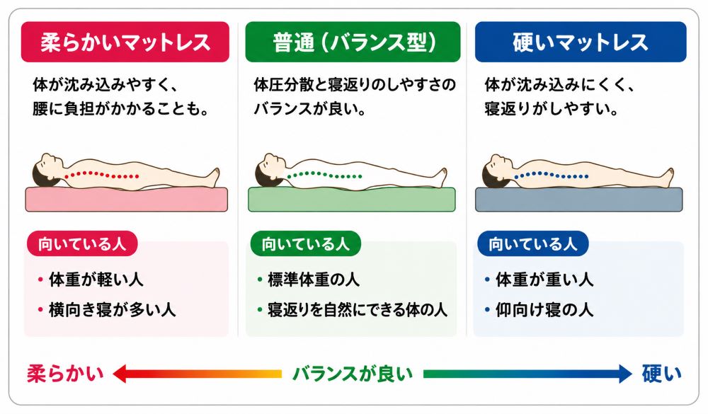 "柔らかいマットレス・普通のマットレス・硬いマットレスの特徴と向いている人を比較したイラスト"