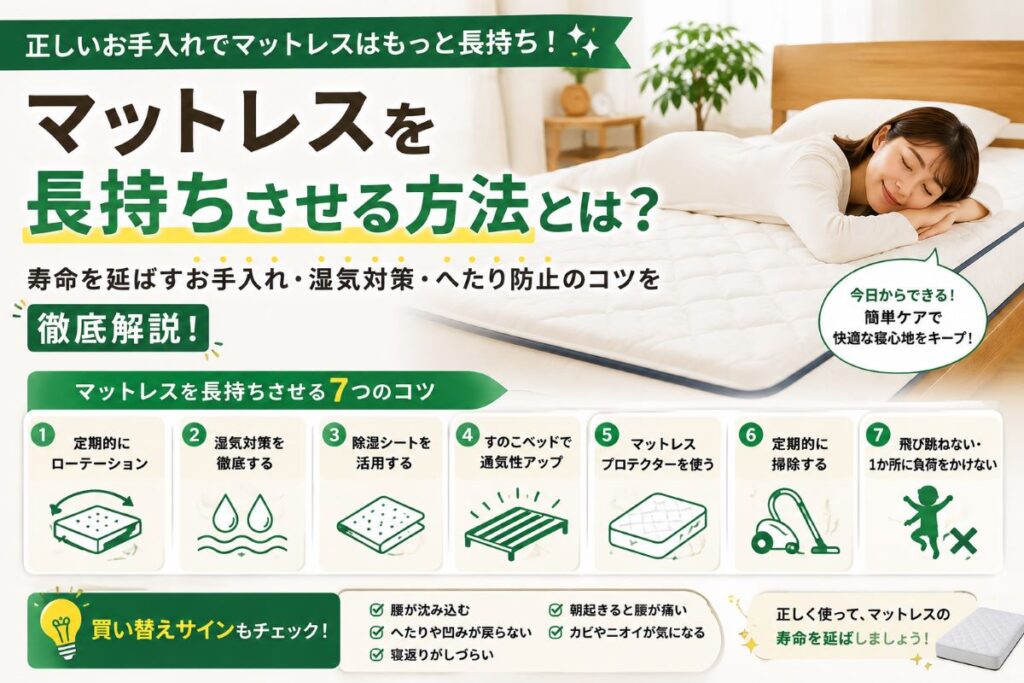 マットレスを長持ちさせる方法を解説するイラスト｜寿命を延ばすお手入れ・ローテーション・湿気対策のコツを紹介