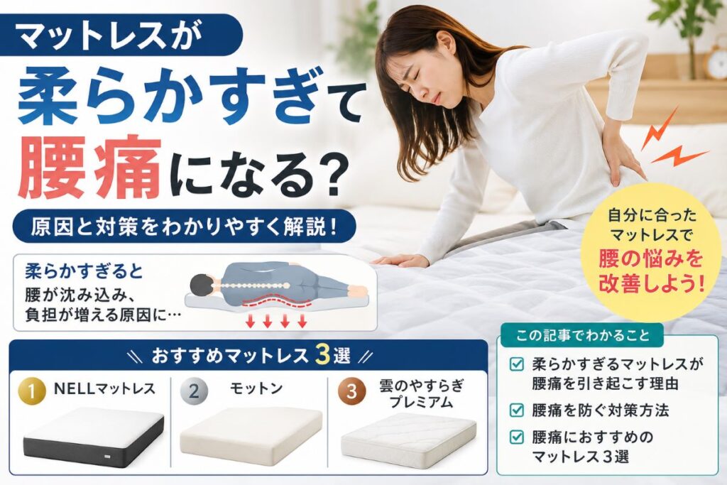 柔らかすぎるマットレスで腰痛になる原因を解説する画像｜腰の沈み込みと寝姿勢の関係、おすすめマットレス3選を紹介