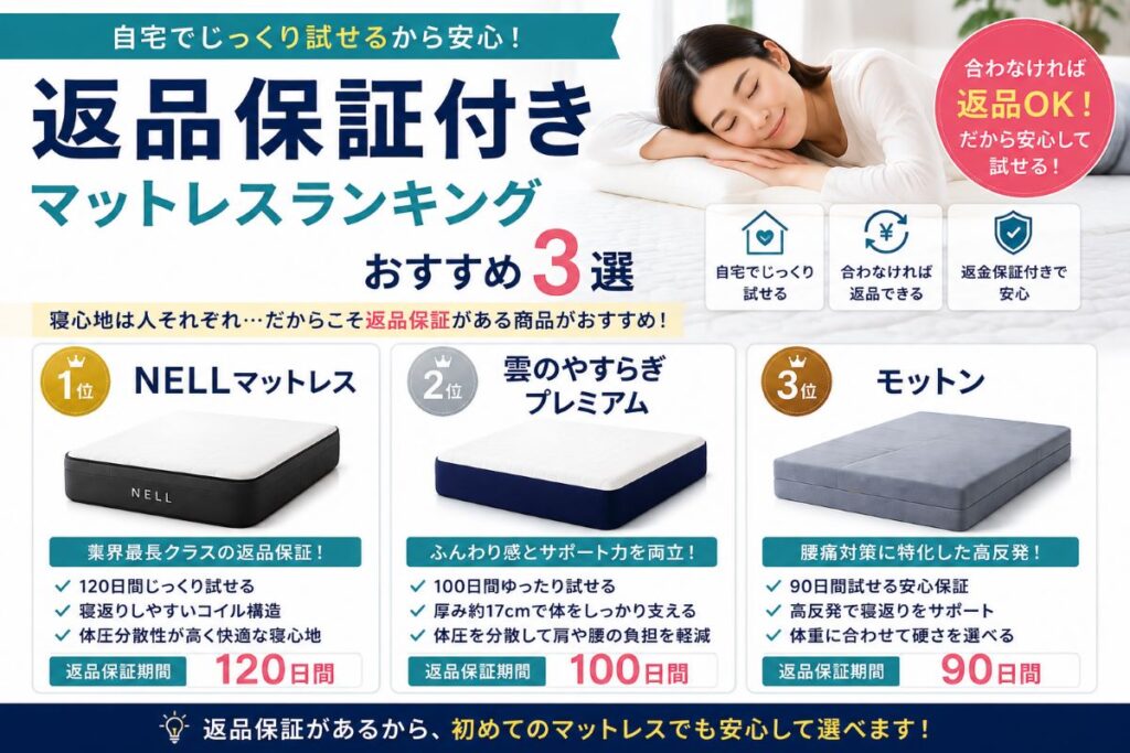 返品保証付きマットレスランキングおすすめ3選を比較し、返金保証期間や特徴、自宅で試せる人気商品を解説するイメージ画像