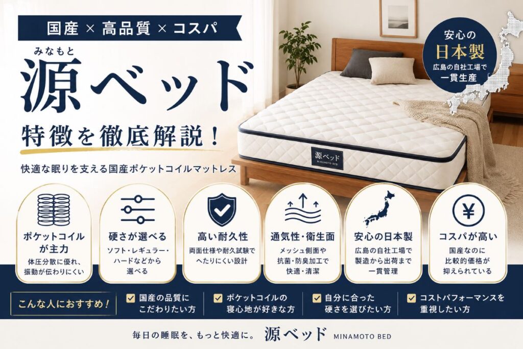 源ベッドの特徴を解説した画像。国産ポケットコイルマットレスの寝心地・耐久性・通気性・コストパフォーマンスを紹介